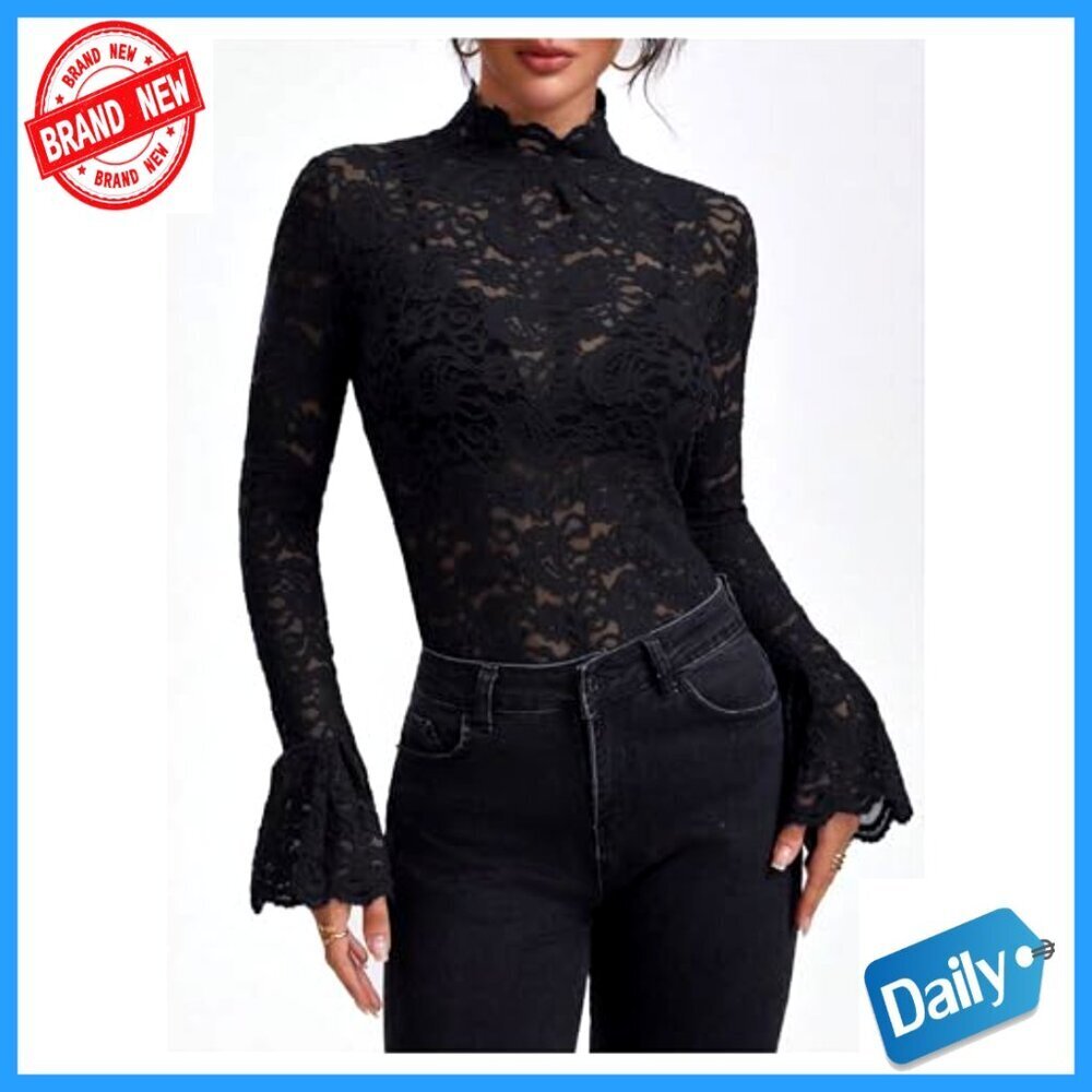 Sheer Lace Bell Sleeve Mock Neck Layering Top Long Sleeve Undershirt - Picture 5 of 6